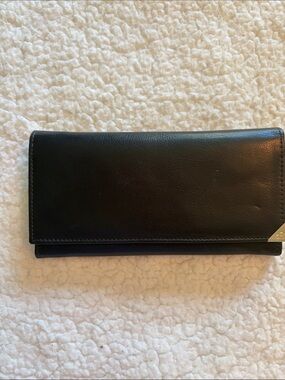 Black Leather Long Wallet with Subtle Metal Accent